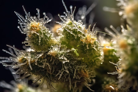 Enlarged ultra macro shot of nice cannabis weed trichomes on edge of a leaf from bud.の素材