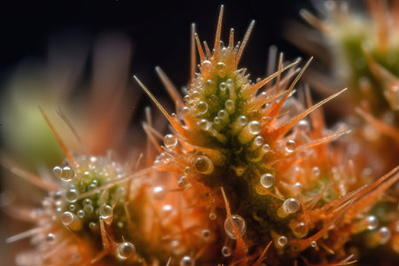 Enlarged ultra macro shot of nice marijuana cannabis trichomes on edge of a leaf from bud.の素材