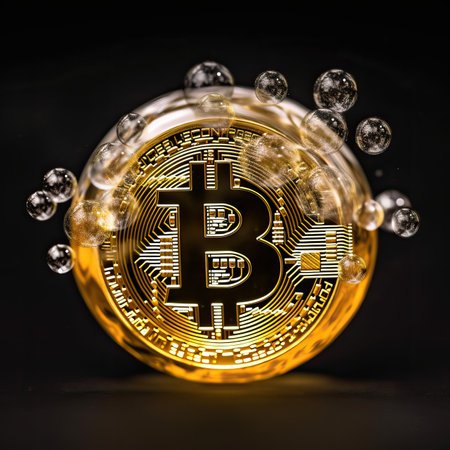 Gold Coins Bitcoin in a soap bubble, the concept of instability of the crypto currencyの素材
