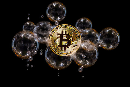 Gold Coins Bitcoin in a soap bubble, the concept of instability of the crypto currencyの素材
