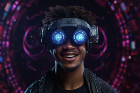 A young guy is wearing virtual reality glasses or VR head set and playing in virtual realityの素材