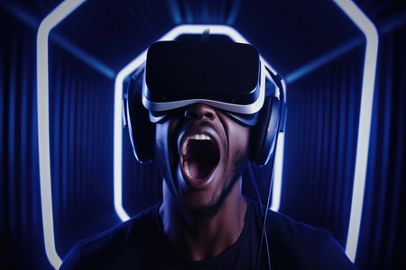 A young guy is wearing virtual reality glasses or VR head set and playing in virtual realityの素材