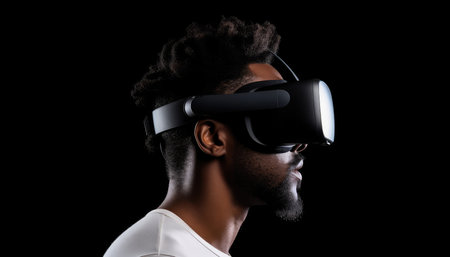 A young guy is wearing virtual reality glasses or VR head set and playing in virtual realityの素材