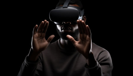 A young guy is wearing virtual reality glasses or VR head set and playing in virtual realityの素材