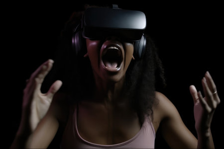 Girl is wearing virtual reality glasses or VR head set and playing in virtual realityの素材