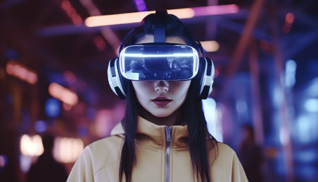Girl is wearing virtual reality glasses or VR head set and playing in virtual reality cyber cityの素材