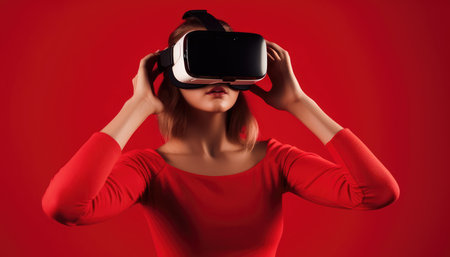 Girl is wearing virtual reality glasses or VR head set and playing in virtual reality on red backgroundの素材