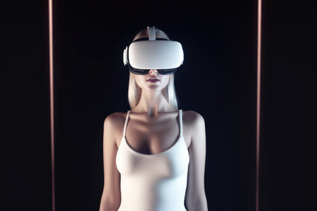 Girl is wearing virtual reality glasses or VR head set and playing in virtual reality on red backgroundの素材