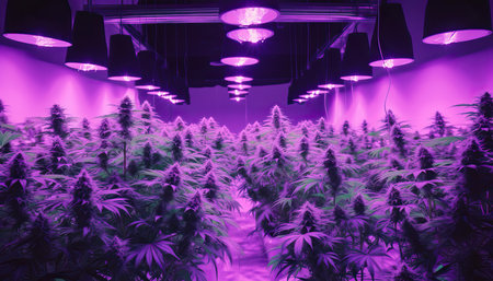 Cannabis farm indoor. The flowering Marijuana of mature at lab farming indoor. LED lighting in greenhouse. Cannabis greenhouse control environment for medical industry.の素材