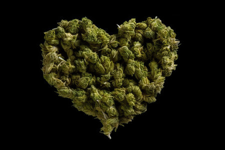 Marijuana buds in a shape of a heart on black background, medicinal marijuana love, the advantages of using cannabis for health reasonsの素材