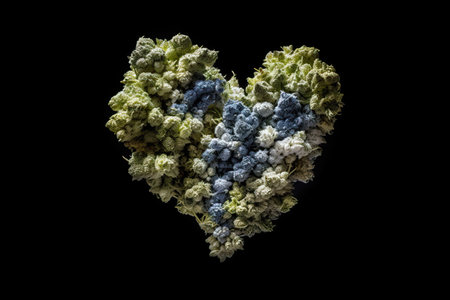 Marijuana buds in a shape of a heart on black background, medicinal marijuana love, the advantages of using cannabis for health reasonsの素材