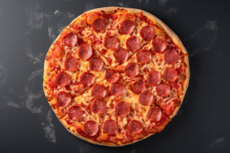 Pizza pepperoni on black wooden backgroundの素材