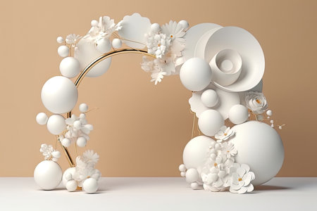 Balloon garland decoration elements. Frame arch for wedding, birthday, baby shower party celebration. Pastel white and gold banner background with round empty space. 3d render illustration.の素材