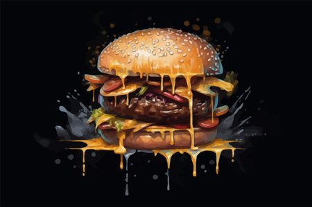 Vector illustration of a cheese burger, tasty hamburger on a dark backgroundのイラスト素材