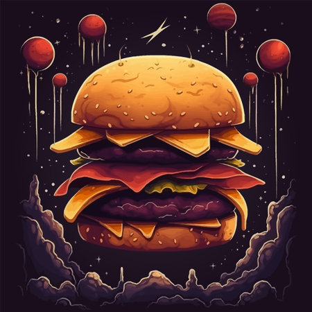 Fresh tasty big burger art in cosmic style on black backgroundのイラスト素材