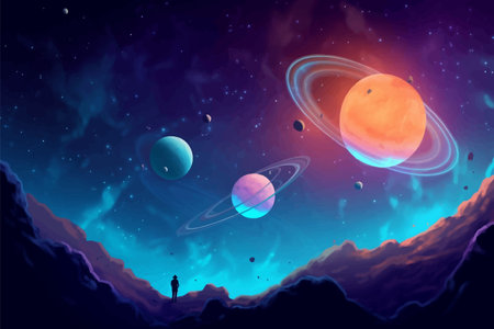 Vector illustration on the topic of outer space, interstellar travels, universe and distant galaxies.のイラスト素材
