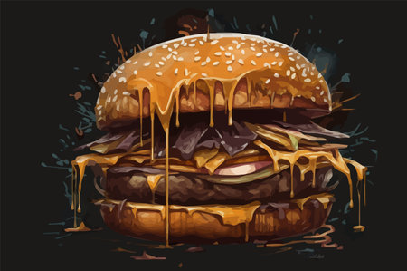 Fresh tasty big burger art in cosmic style on black background paint style illustrationのイラスト素材