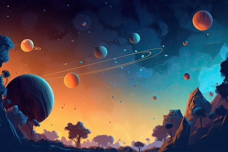 Illustration on the topic of outer space, interstellar travels, universe and distant galaxies.の写真素材
