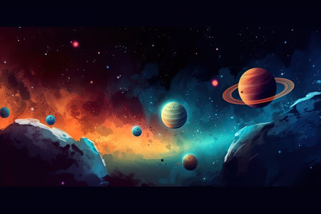 Illustration on the topic of outer space, interstellar travels, universe and distant galaxies.の写真素材