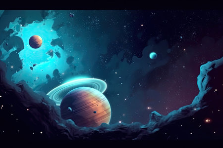 Illustration on the topic of outer space, interstellar travels, universe and distant galaxies.の写真素材