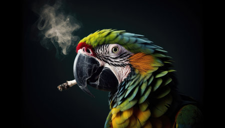 Beautiful Parrot smoking ecology concept- Detailed Portrait of Colorful Bird of exotic parrots plumage smoking cigarette or weed.の素材