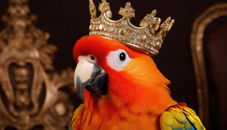 Close-Up of Beautiful Parrot in crown - Detailed Portrait of Colorful king Bird of exotic parrots plumage.の素材