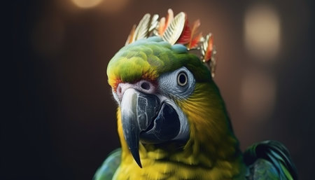 Close-Up of Beautiful Parrot in crown - Detailed Portrait of Colorful king Bird of exotic parrots plumage.の素材