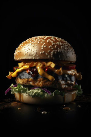 Man with tasty premium burger instead of his head on blackbackgroundの素材
