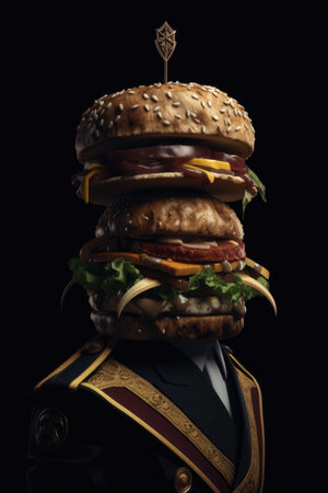 Man with tasty premium burger instead of his head on blackbackgroundの素材