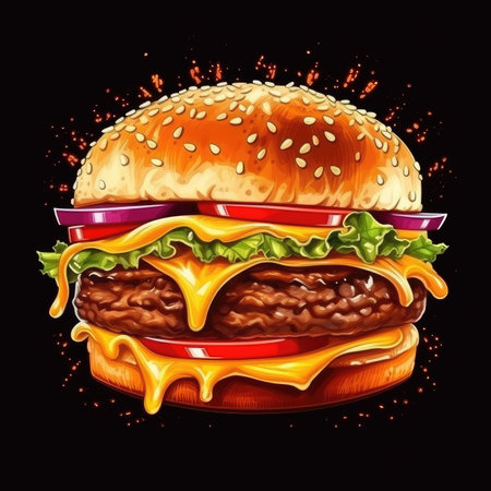 Hot burger vintage colorful poster with juicy cheeseburger and cheese with tomatoes and pickled cucumbers made on fire vector illustrationのイラスト素材