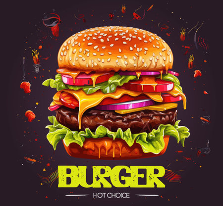 Hot burger vintage colorful poster with juicy cheeseburger and cheese with tomatoes and pickled cucumbers made on fire vector illustrationのイラスト素材