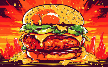 Hot burger vintage colorful poster with juicy cheeseburger and cheese with tomatoes and pickled cucumbers made on fire vector illustrationのイラスト素材