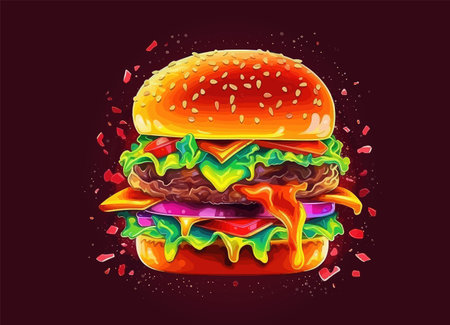 Hot burger vintage colorful poster with juicy cheeseburger and cheese with tomatoes and pickled cucumbers made on fire vector illustrationのイラスト素材