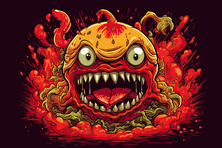 Color illustration of monster, zombie pumpkin head. Isolated on black background. Halloween themeのイラスト素材
