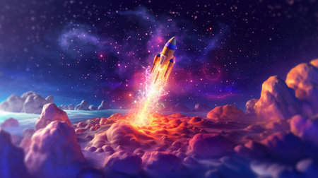 Rocket flies through the clouds on moonlightの素材