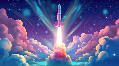 Rocket flies through the clouds on moonlightの素材