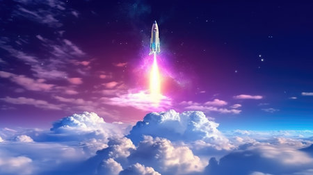 Rocket flies through the clouds on moonlightの素材