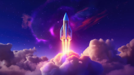 Rocket flies through the clouds on moonlightの素材