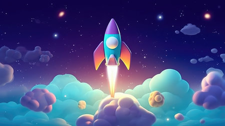 Rocket flies through the clouds on moonlightの素材
