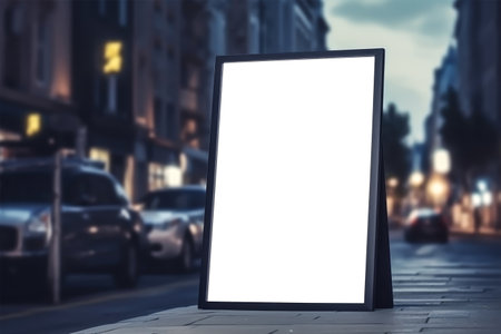 White paper poster mockup displayed outside the building restaurant. Marketing restaurant menu and business concept.の素材