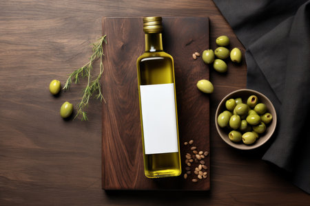 Olive oil and olives berries are on the wooden table under the olive tree.の素材