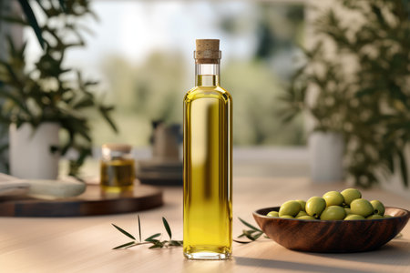 Olive oil and olives berries are on the wooden table under the olive tree.の素材
