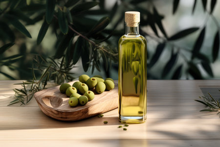 Olive oil and olives berries are on the wooden table under the olive tree.の素材