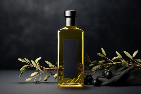 Olive oil and olives berries are on the wooden table under the olive tree.の素材