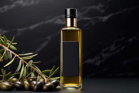Olive oil and olives berries are on the wooden table under the olive tree.の素材