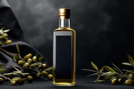 Olive oil and olives berries are on the wooden table under the olive tree.の素材