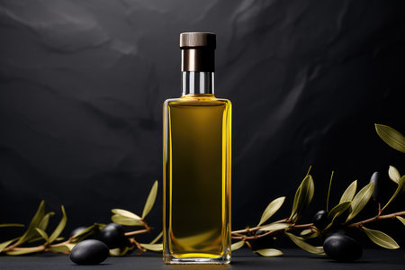 Olive oil and olives berries are on the wooden table under the olive tree.の素材