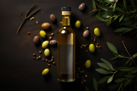 Olive oil and olives berries are on the wooden table under the olive tree.の素材
