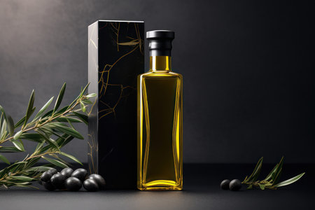 Olive oil and olives berries are on the wooden table under the olive tree.の素材