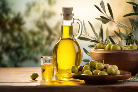 Olive oil and olives berries are on the wooden table under the olive tree.の素材